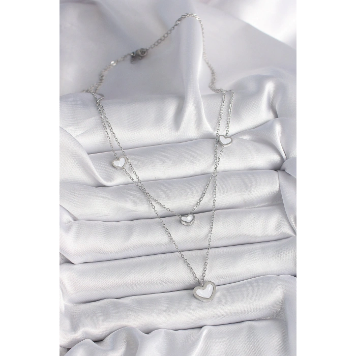 316L Çelik Gümüş Renk Zincir 2Li Zincir Kalp Model Kadın Kolye