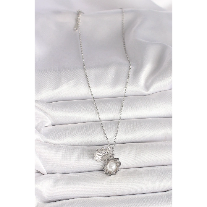 316L Çelik Gümüş Renk Zincir Açılır İncili Midye Model Kadın Kolye