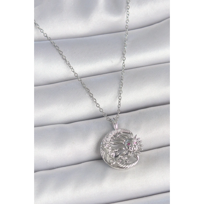 316L Çelik Gümüş Renk Zincir Ay Güneş Model Zirkon Taş Detay Kadın Kolye