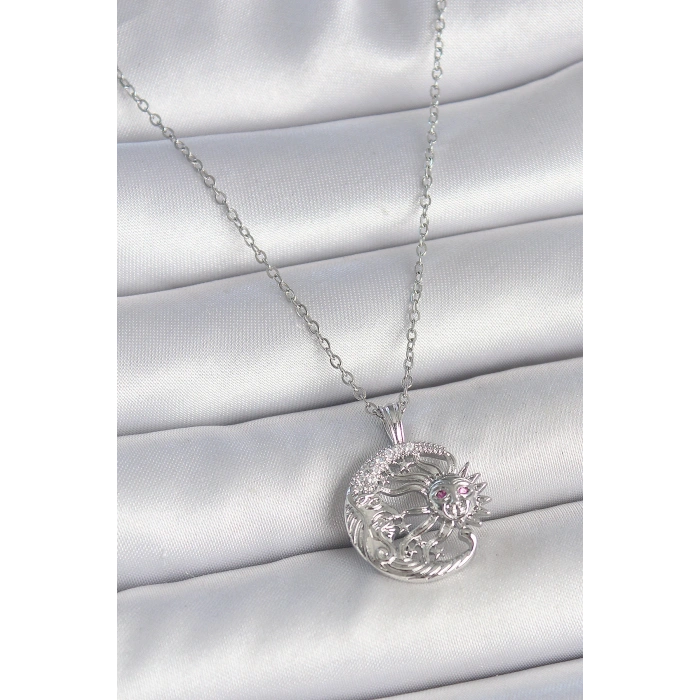 316L Çelik Gümüş Renk Zincir Ay Güneş Model Zirkon Taş Detay Kadın Kolye