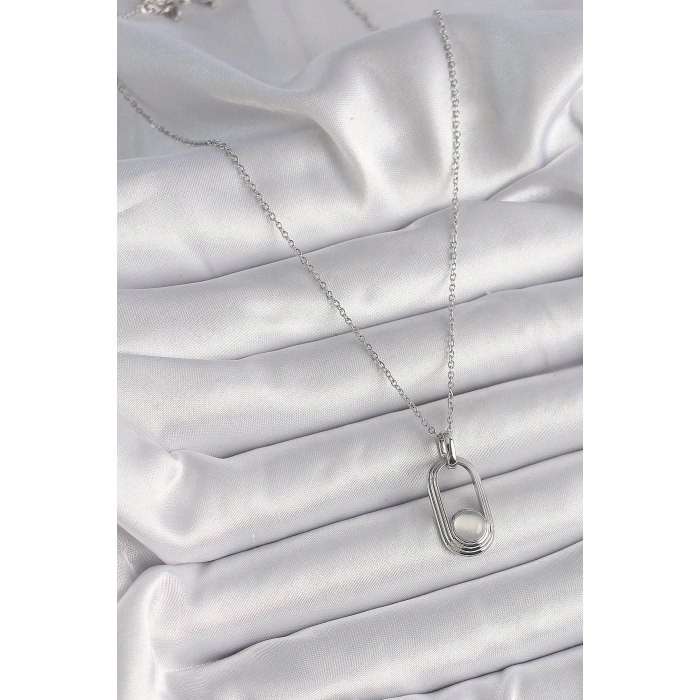 316L Çelik Gümüş Renk Zincir Beyaz Kedi Göz Model Kadın Kolye