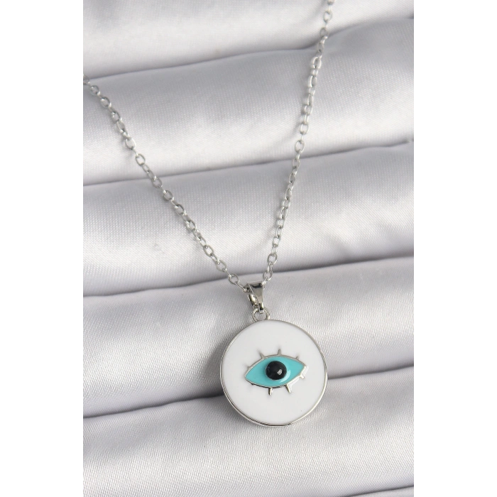 316L Çelik Gümüş Renk Zincir Beyaz Mineli Turkuaz Göz İşleme Model Kadın Kolye