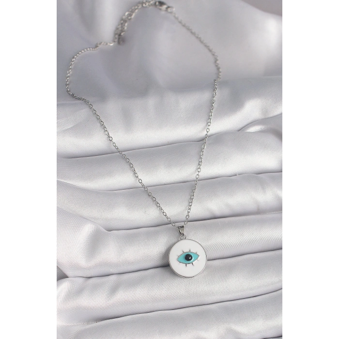 316L Çelik Gümüş Renk Zincir Beyaz Mineli Turkuaz Göz İşleme Model Kadın Kolye