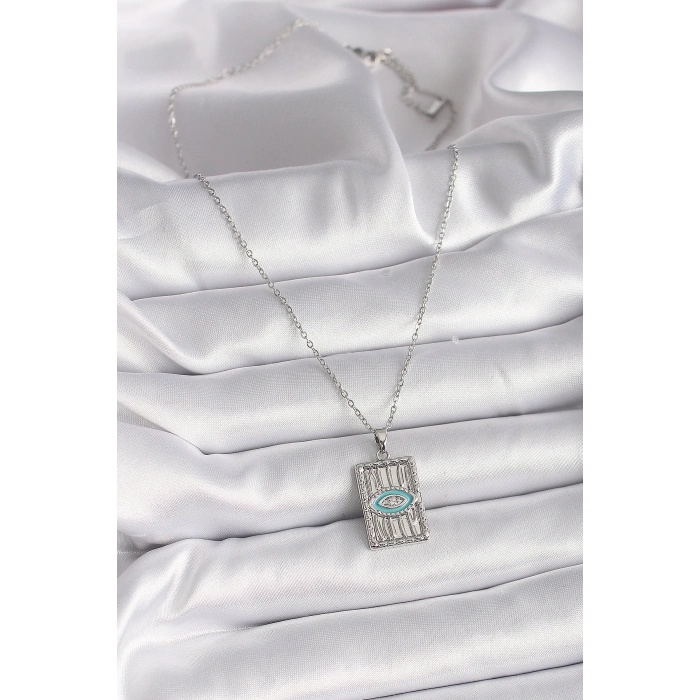 316L Çelik Gümüş Renk Zincir Göz İşlemeli Madalyon Model Kadın Kolye