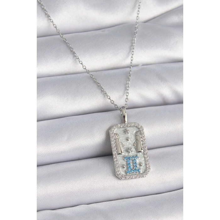 316L Çelik Gümüş Renk Zincir İkizler Burcu Zirkon Taşlı Kadın Kolye