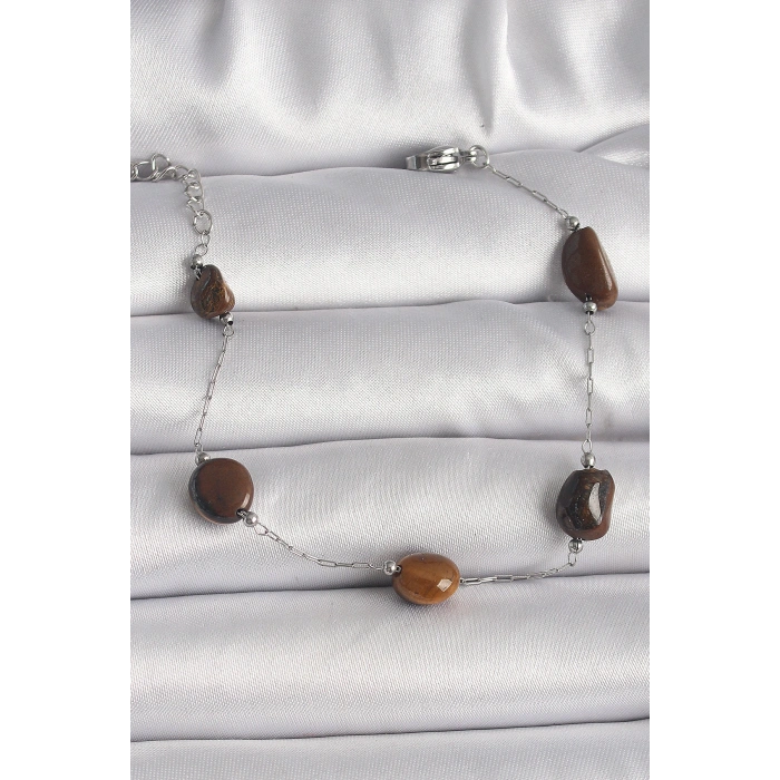 316L Çelik Gümüş Renk Zincir Kahverengi Doğaltaş Model Kadın Bileklik