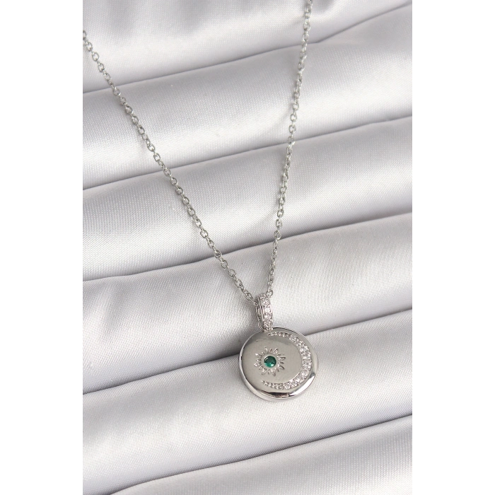 316L Çelik Gümüş Renk Zincir Madalyon Zirkon Taşlı İşlemeli Hilal Yıldız Model Kadın Kolye