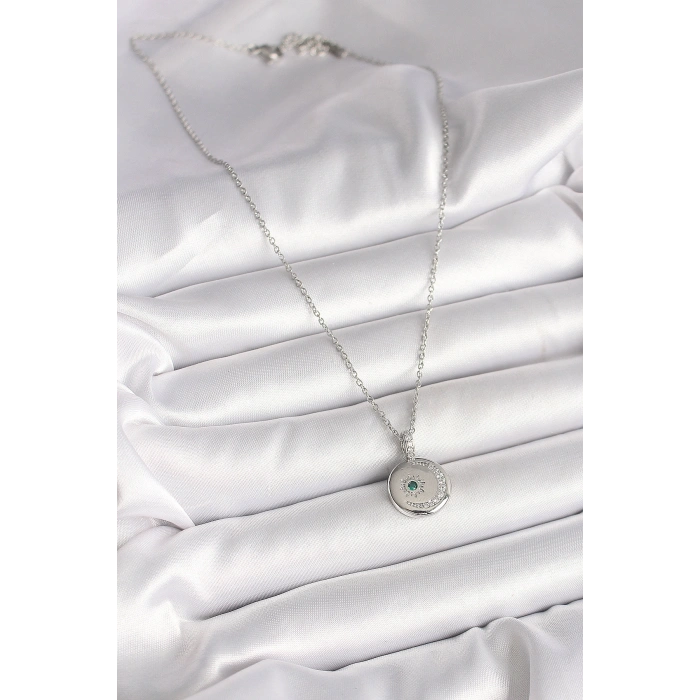 316L Çelik Gümüş Renk Zincir Madalyon Zirkon Taşlı İşlemeli Hilal Yıldız Model Kadın Kolye