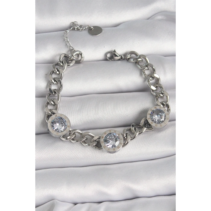 316L Çelik Gümüş Renk Zincir Model Zirkon Taşlı İşleme Detaylı Kadın Bileklik