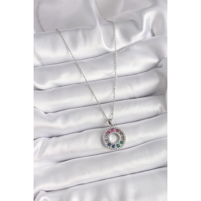 316L Çelik Gümüş Renk Zincir Renkli Zirkon Taşlı Madalyon Model Kadın Kolye