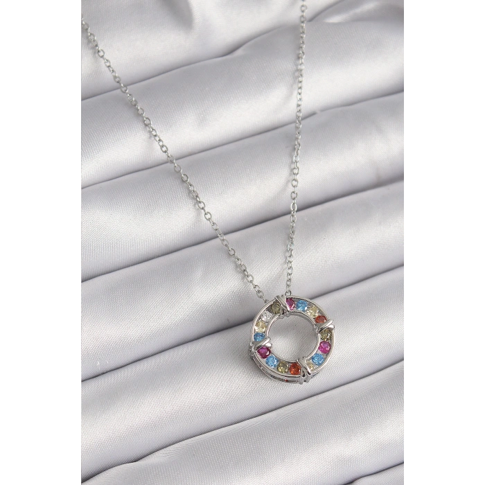 316L Çelik Gümüş Renk Zincir Renkli Zirkon Taşlı Xoxo Model Kadın Kolye