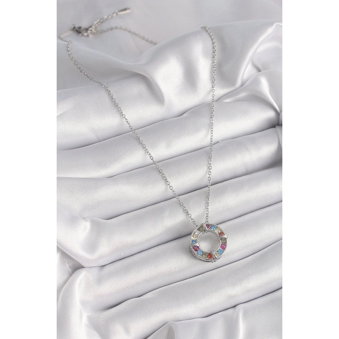 316L Çelik Gümüş Renk Zincir Renkli Zirkon Taşlı Xoxo Model Kadın Kolye