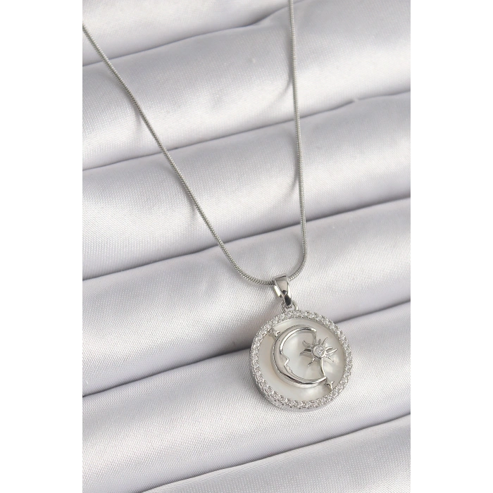 316L Çelik Gümüş Renk Zincir Zirkon Taş Detaylı Beyaz Sedefli Ay Yıldız İşleme Kadın Kolye
