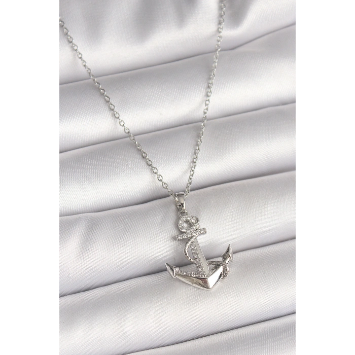 316L Çelik Gümüş Renk Zincir Zirkon Taş Detaylı Çapa Model Kadın Kolye