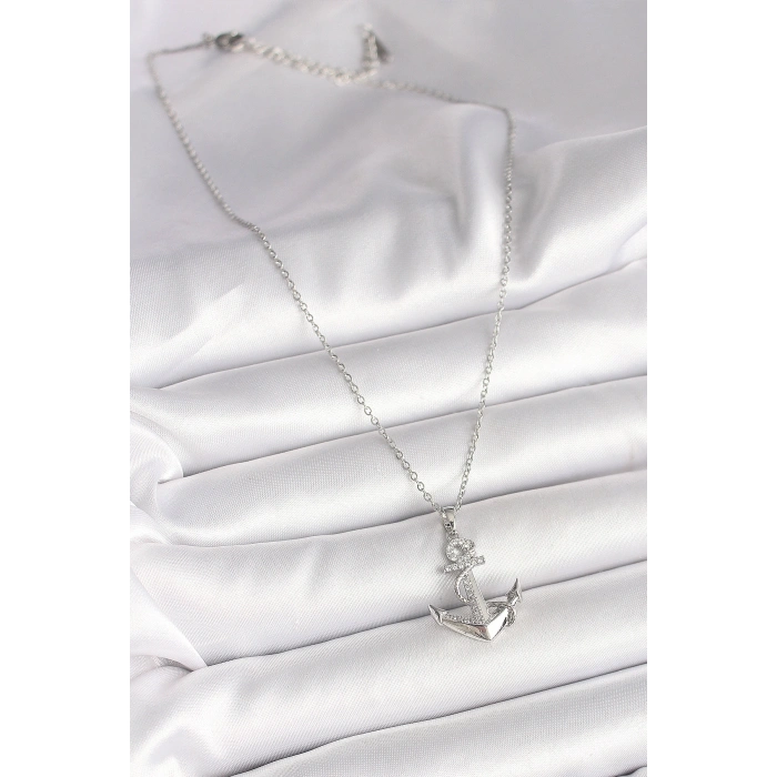 316L Çelik Gümüş Renk Zincir Zirkon Taş Detaylı Çapa Model Kadın Kolye