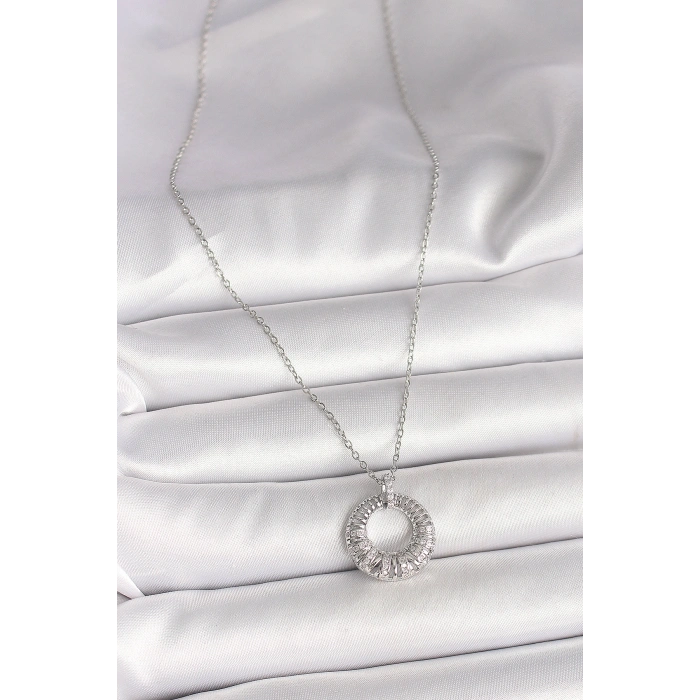 316L Çelik Gümüş Renk Zincir Zirkon Taş İşlemeli Daire Model Kadın Kolye