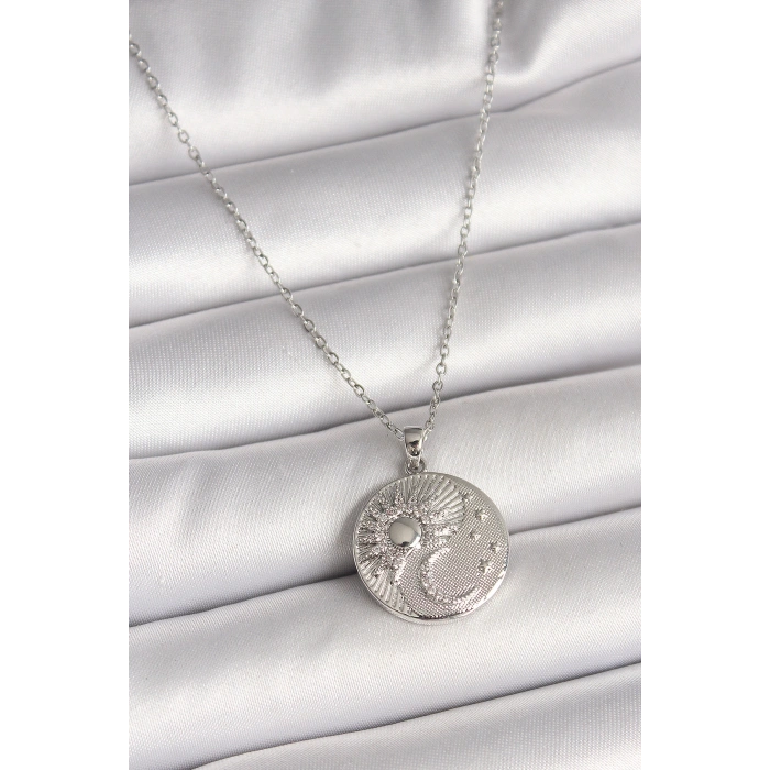 316L Çelik Gümüş Renk Zincir Zirkon Taşlı Ay Güneş İşlemeli Madalyon Model Kadın Kolye