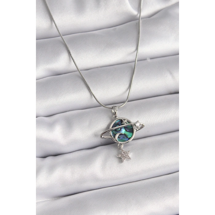 316L Çelik Gümüş Renk Zincir Zirkon Taşlı Gezegen Model Kadın Kolye