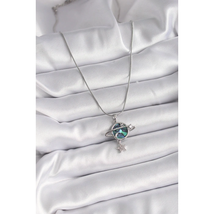 316L Çelik Gümüş Renk Zincir Zirkon Taşlı Gezegen Model Kadın Kolye