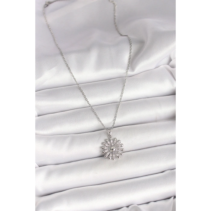 316L Çelik Gümüş Renk Zincir Zirkon Taşlı Güneş Model Kadın Kolye