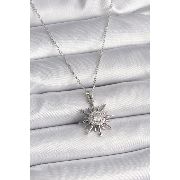 316L Çelik Gümüş Renk Zincir Zirkon Taşlı Güneş Model Kadın Yüzük