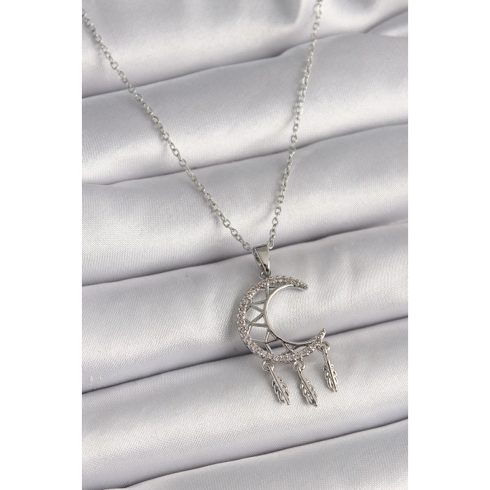 316L Çelik Gümüş Renk Zincir Zirkon Taşlı Hilal Model Sallantı Yaprak Detay Kadın Kolye