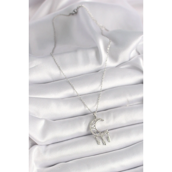316L Çelik Gümüş Renk Zincir Zirkon Taşlı Hilal Model Sallantı Yaprak Detay Kadın Kolye