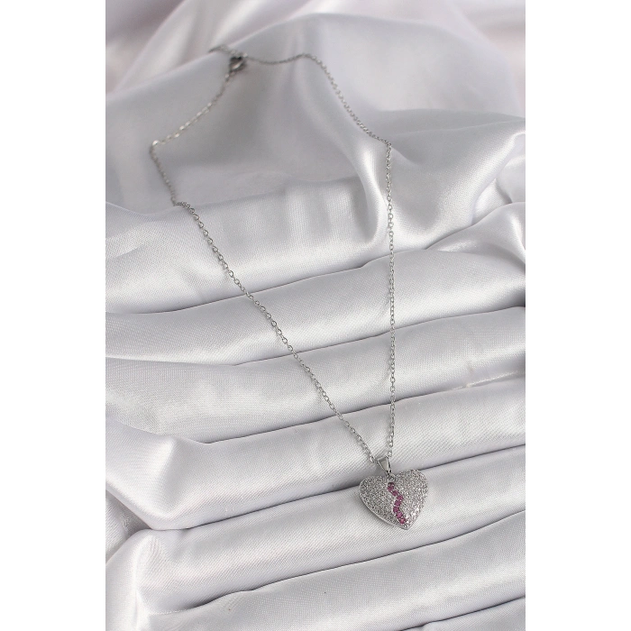 316L Çelik Gümüş Renk Zincir Zirkon Taşlı Kalp Model Kadın Kolye
