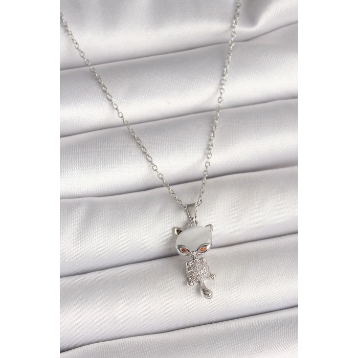 316L Çelik Gümüş Renk Zincir Zirkon Taşlı Kedi Model Kadın Kolye