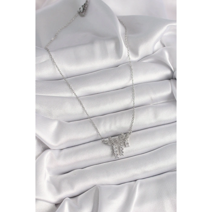 316L Çelik Gümüş Renk Zincir Zirkon Taşlı Kelebek Model Sallantı Detay Kadın Kolye