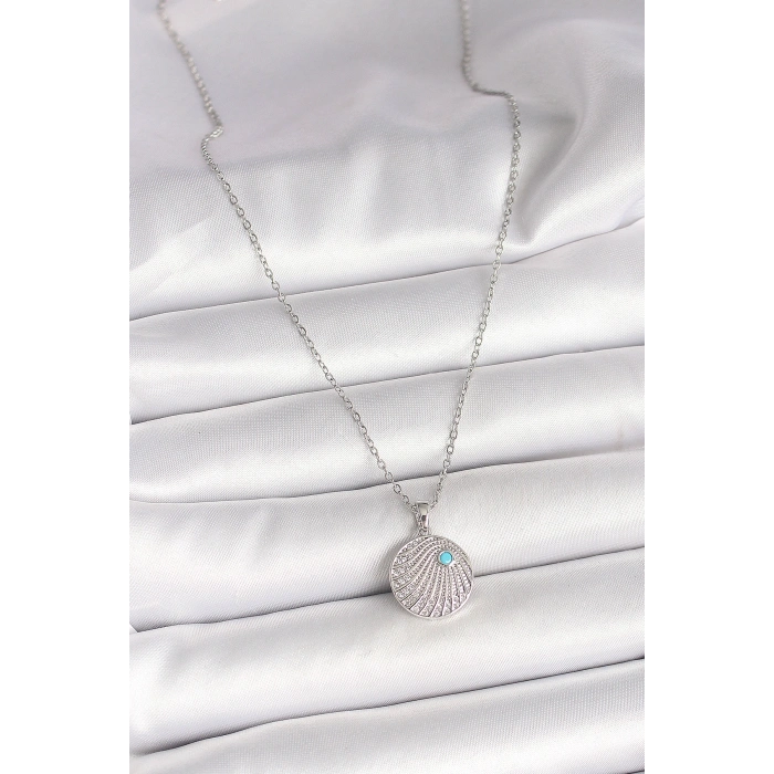 316L Çelik Gümüş Renk Zincir Zirkon Taşlı Mavi Taş Detaylı Madalyon Model Kadın Kolye