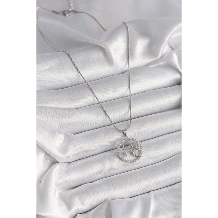 316L Çelik Gümüş Renk Zincir Zirkon Taşlı Yıldız Madalyon Model Kadın Kolye