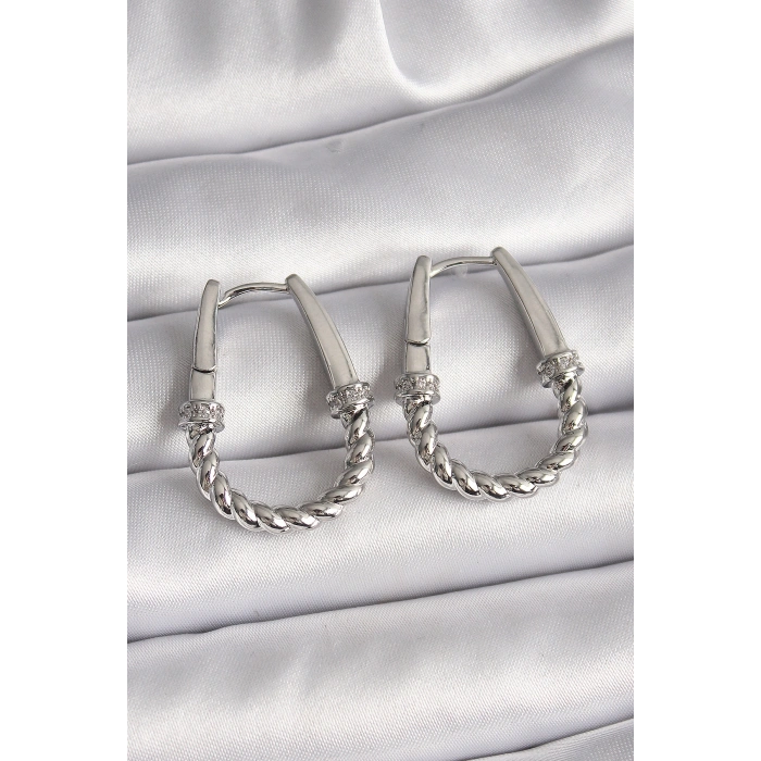 316L Çelik Gümüş Renk Zirkon Taş Detaylı Burma Halka Model Kadın Küpe