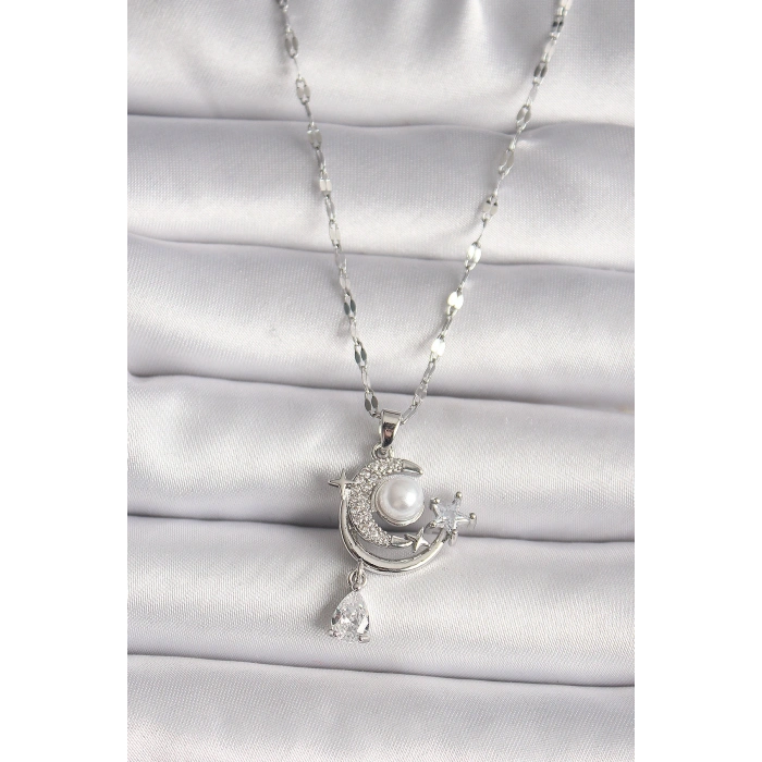 316L Çelik Gümüş Renk Zirkon Taşlı Ay Yıldız Sallantı Detay Kadın Kolye