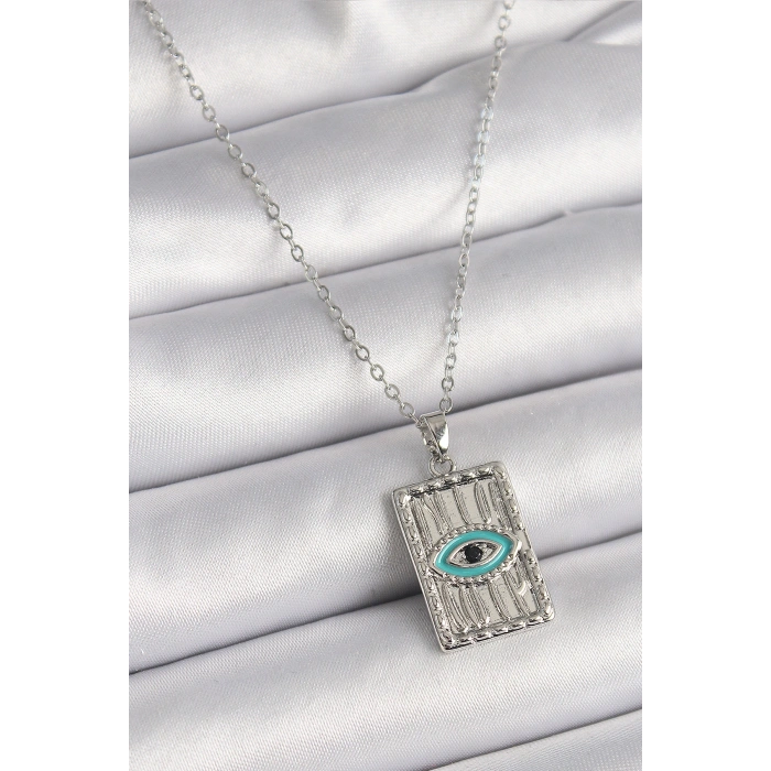 316L Çelik Gümüş Renk Zirkon Taşlı Göz İşleme Detaylı Plaka Model Kadın Kolye