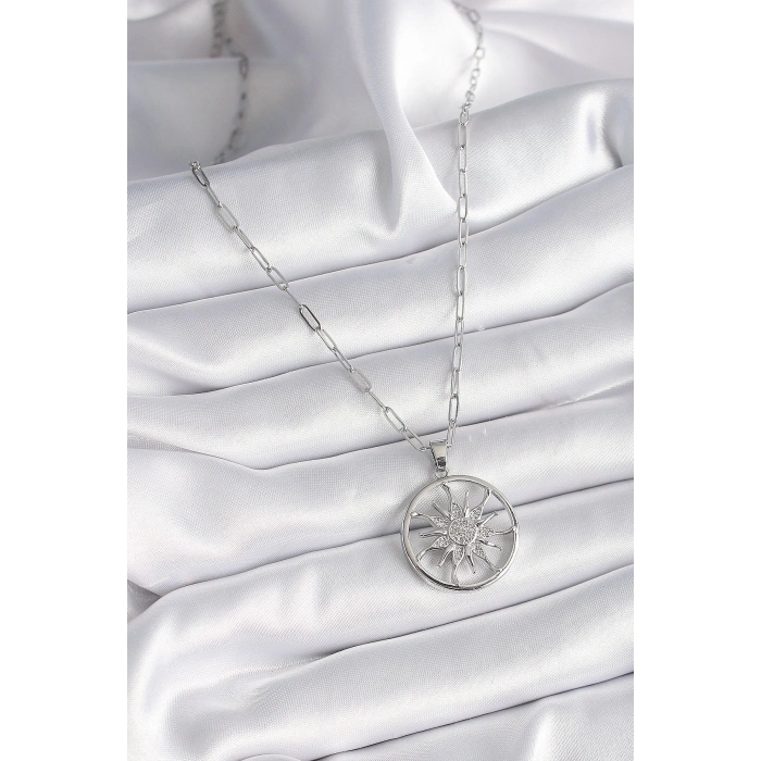 316L Çelik Gümüş Renk Zirkon Taşlı Güneş Madalyon Model Kadın Kolye