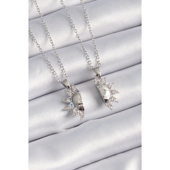316L Çelik Gümüş Renk Zirkon Taşlı Güneş Model İşleme Yazı Detay Arkadaşlık Kolyesi