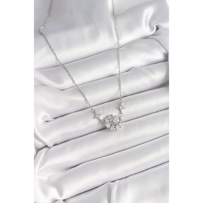 316L Çelik Gümüş Renk Zirkon Taşlı Hilal Kalp Model Kadın Kolye