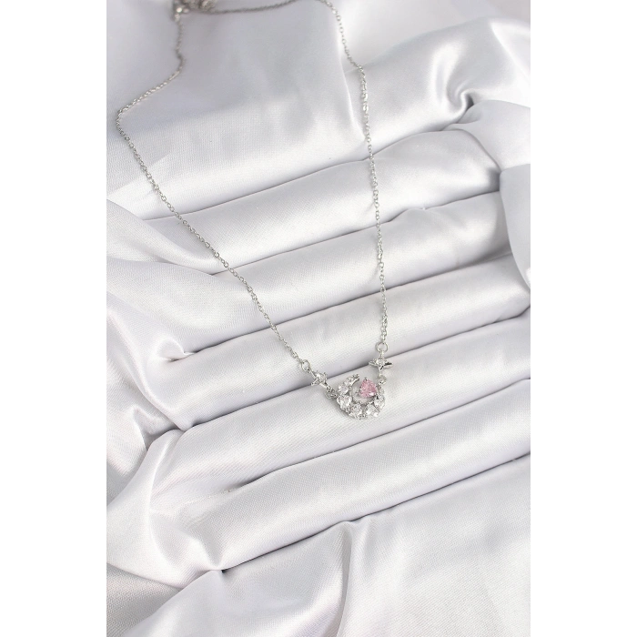 316L Çelik Gümüş Renk Zirkon Taşlı Hilal Pembe Kalp Model Kadın Kolye