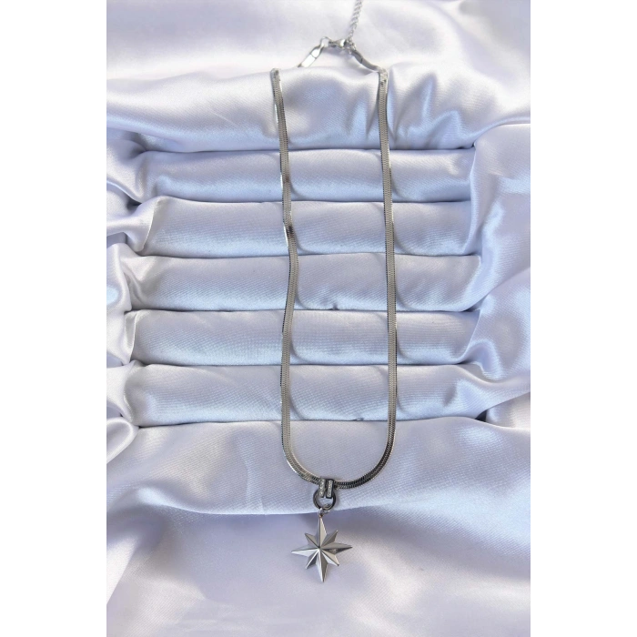 316L Çelik Gümüş Renk Zirkon Taşlı İtalyan Zincirli Kutup Yıldızı Kolye