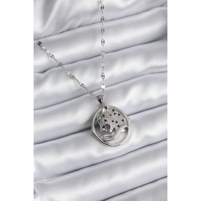 316L Çelik Gümüş Renk Zirkon Taşlı Jaguar Model Kadın Kolye