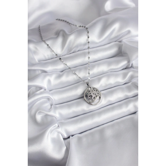 316L Çelik Gümüş Renk Zirkon Taşlı Jaguar Model Kadın Kolye