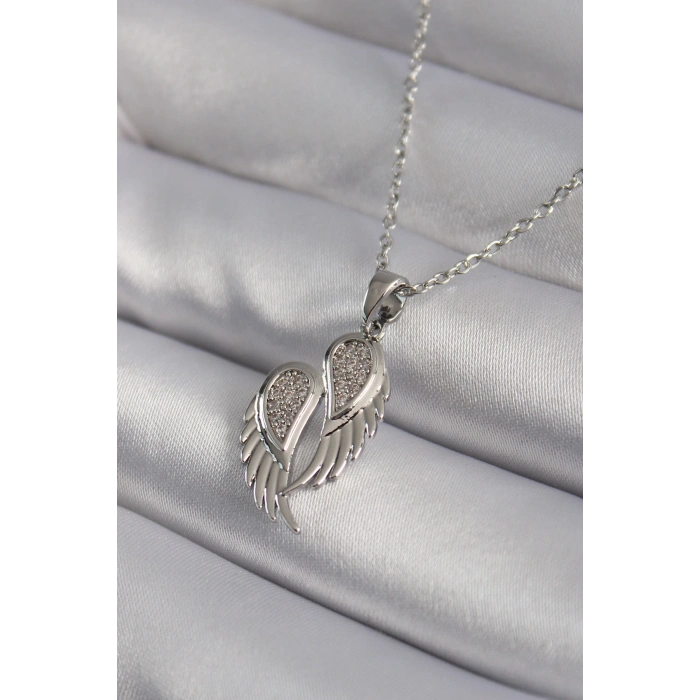 316L Çelik Gümüş Renk Zirkon Taşlı Kanat Model Kadın Kolye