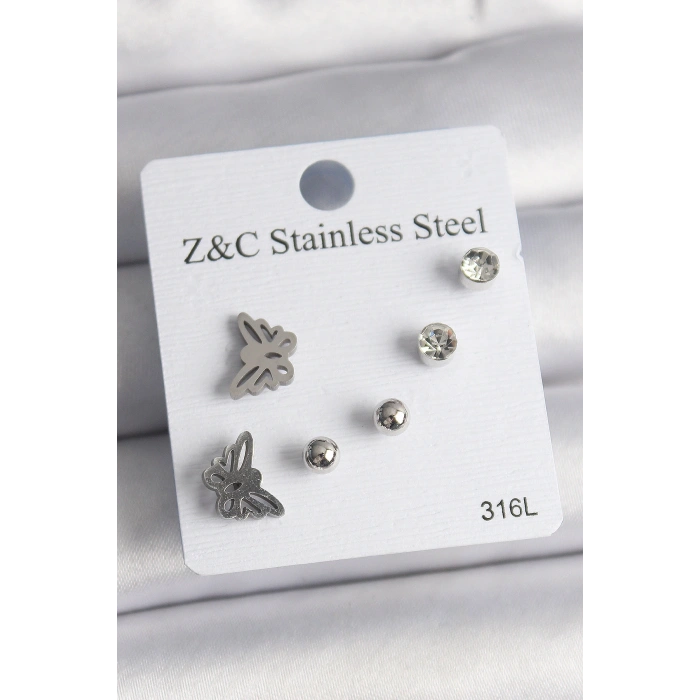 316L Çelik Gümüş Renk Zirkon Taşlı Kelebek Model Kadın Küpe Seti