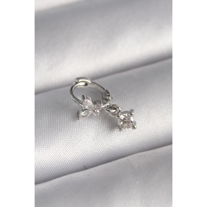 316L Çelik Gümüş Renk Zirkon Taşlı Kelebek Model Sallantı Detay Tragus Piercing