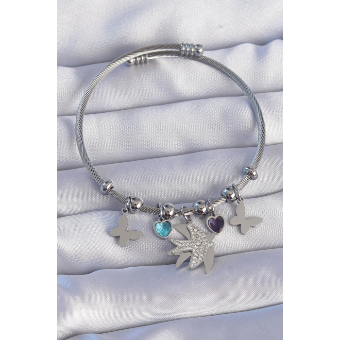 316L Çelik Gümüş Renk Zirkon Taşlı Kuş Tasarımlı Kelebek Detay Charm Bileklik