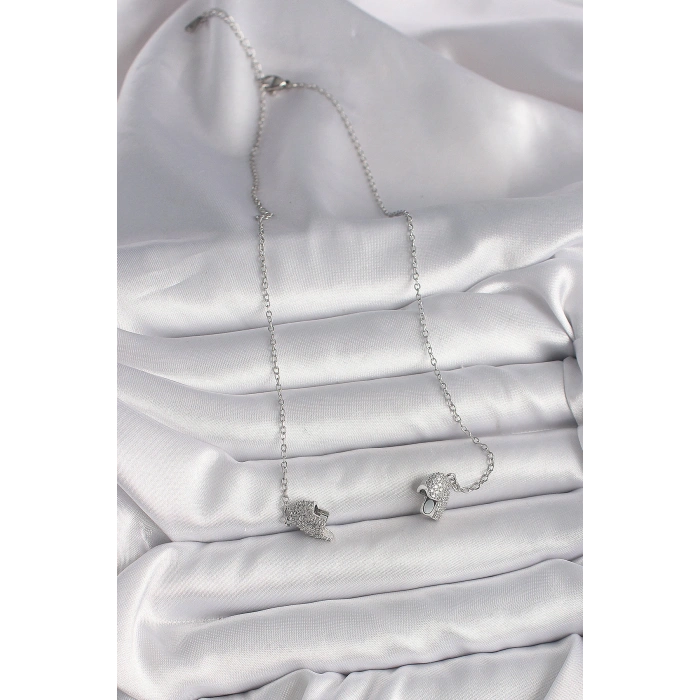 316L Çelik Gümüş Renk Zirkon Taşlı Mıknatıslı Kalp Model Kadın Kolye