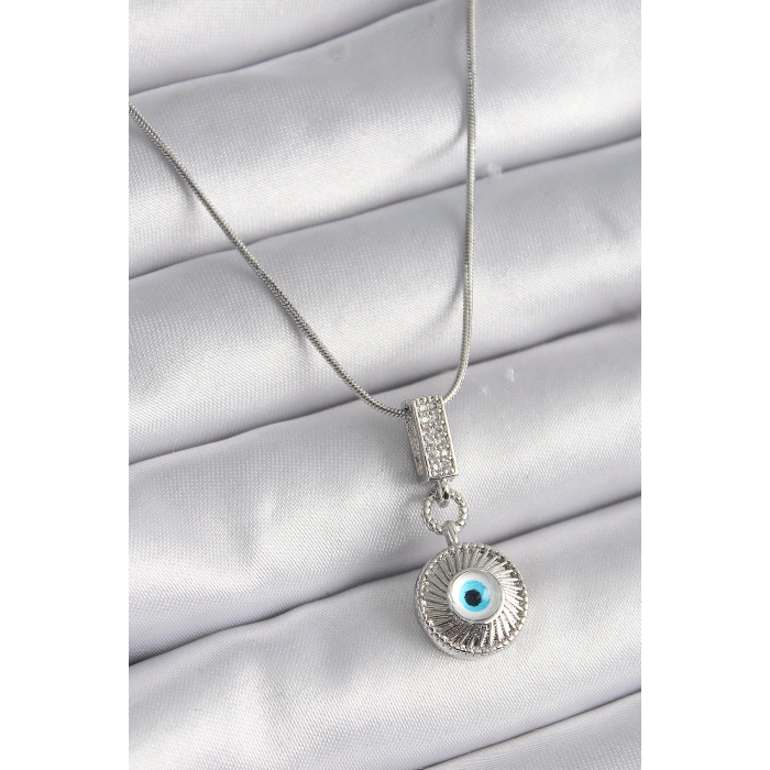 316L Çelik Gümüş Renk Zirkon Taşlı Nazar Boncuk Model Kadın Kolye