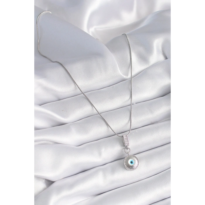 316L Çelik Gümüş Renk Zirkon Taşlı Nazar Boncuk Model Kadın Kolye