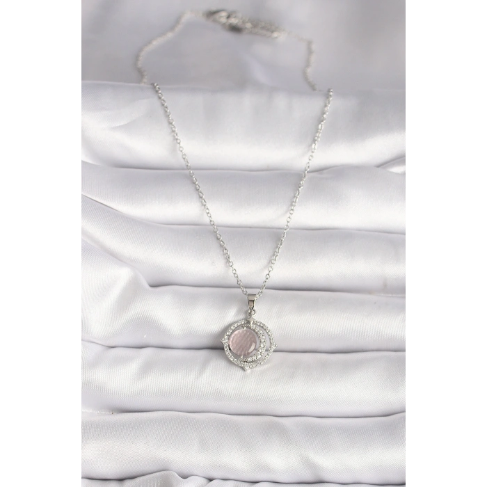 316L Çelik Gümüş Renk Zirkon Taşlı Pembe Sedefli Hilal Model Kadın Kolye